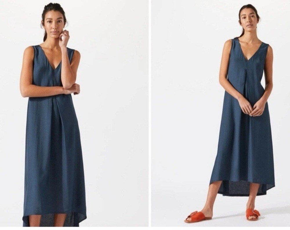 Jigsaw Dress Blue Steel Silk Blend Midi Maxi Minimalist Lagenlook Size Medium